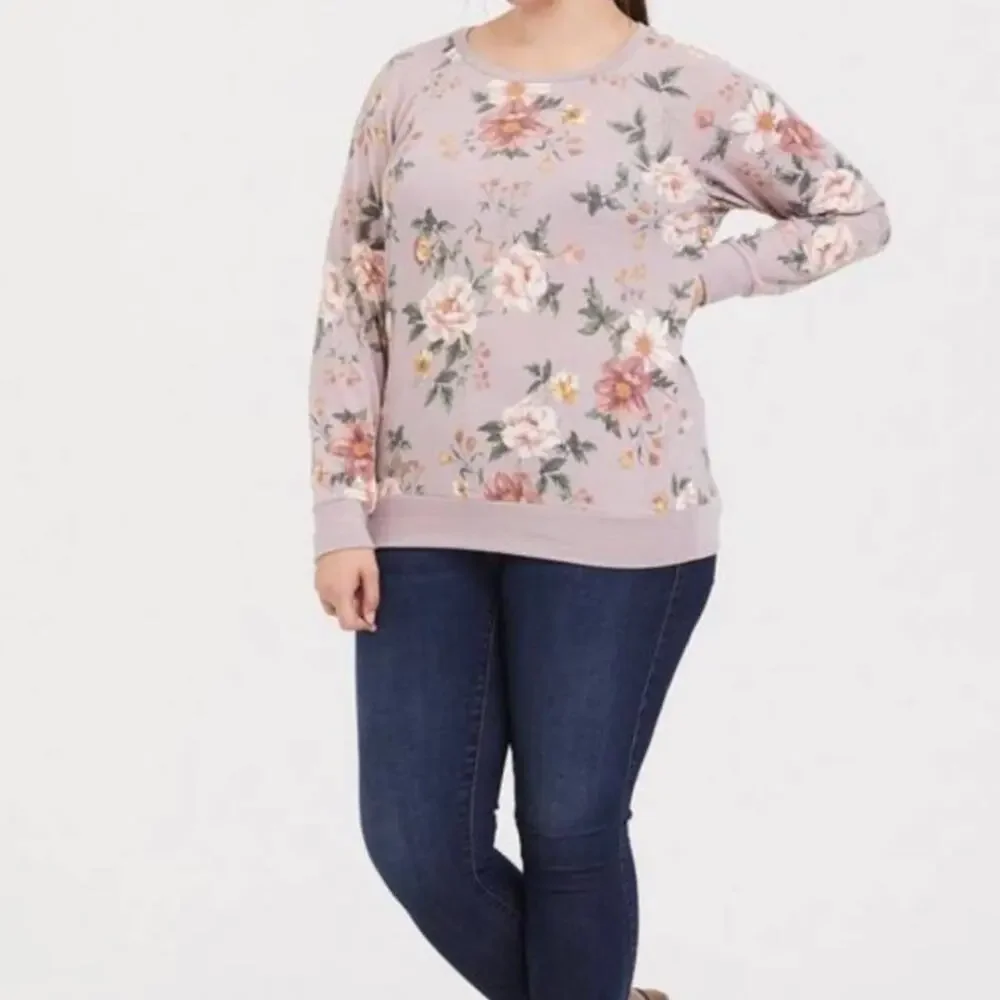 TORRID Mauve Pink Floral Print Pullover Sweatshirt Size 1 (1X)